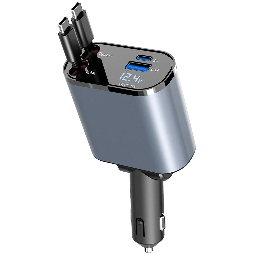 Retractable Car Charger 4 in 1 Fast Charging 100W USB Type C Car Phone Charge For iPhone 15 14 Xiaomi Samsung iPad Laptop Tablet
